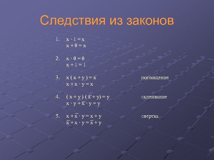 Следствия из законов 1. x · 1 = x x + 0 = x