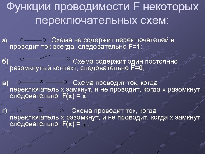 Функции проводимости F некоторых переключательных схем: a) Схема не содержит переключателей и проводит ток