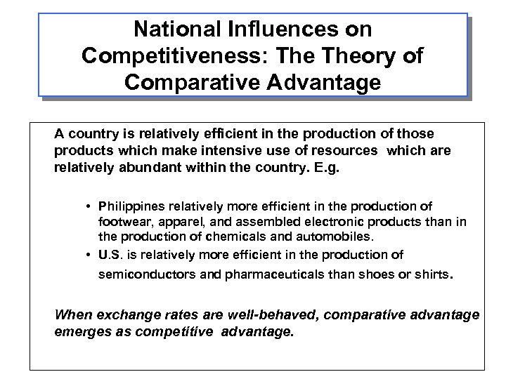 National Influences on Competitiveness: Theory of Comparative Advantage A country is relatively efficient in