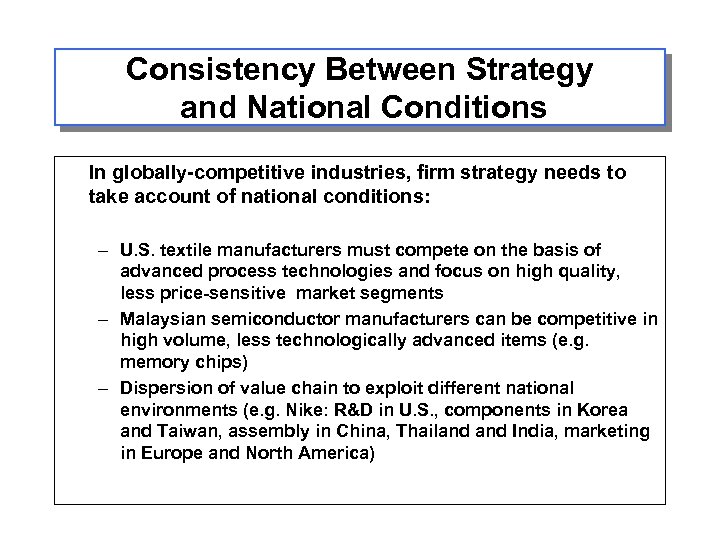 Consistency Between Strategy and National Conditions In globally-competitive industries, firm strategy needs to take