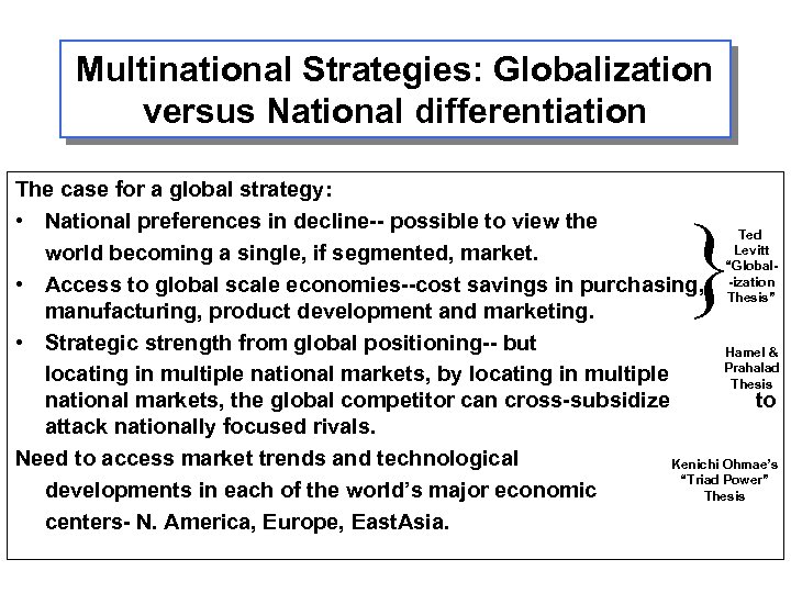 Multinational Strategies: Globalization versus National differentiation The case for a global strategy: • National