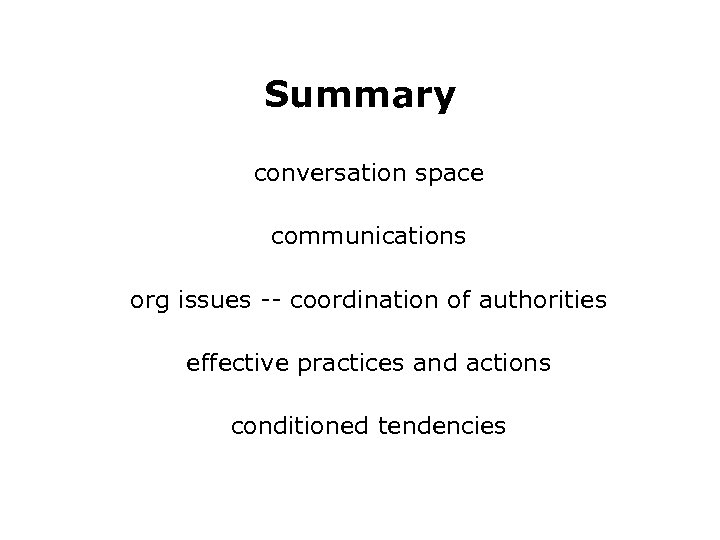 Summary conversation space communications org issues -- coordination of authorities effective practices and actions