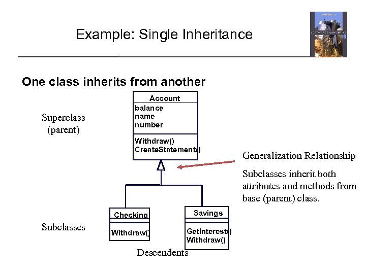 Example: Single Inheritance One class inherits from another Superclass (parent) Account balance name number