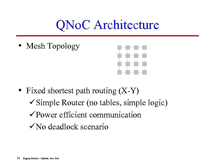 QNo. C Architecture • Mesh Topology • Fixed shortest path routing (X-Y) üSimple Router