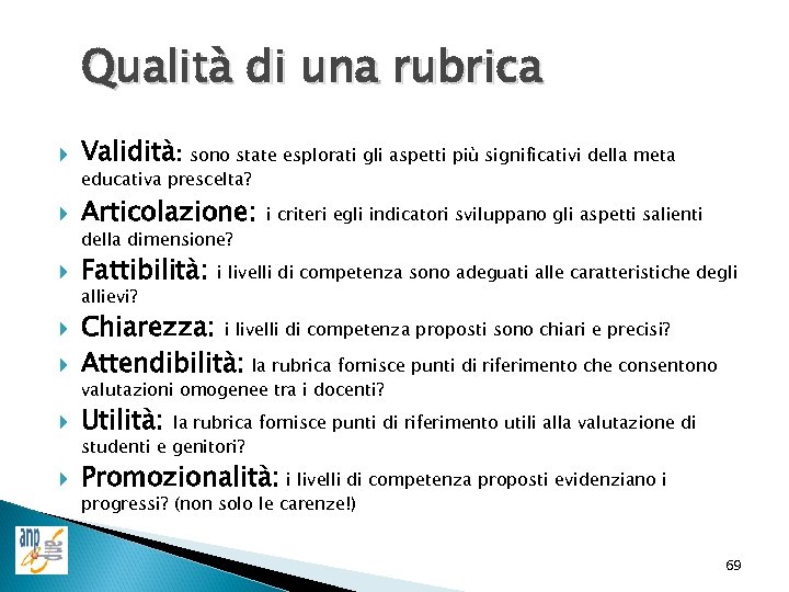 Qualità di una rubrica Validità: sono state esplorati gli aspetti più significativi della meta