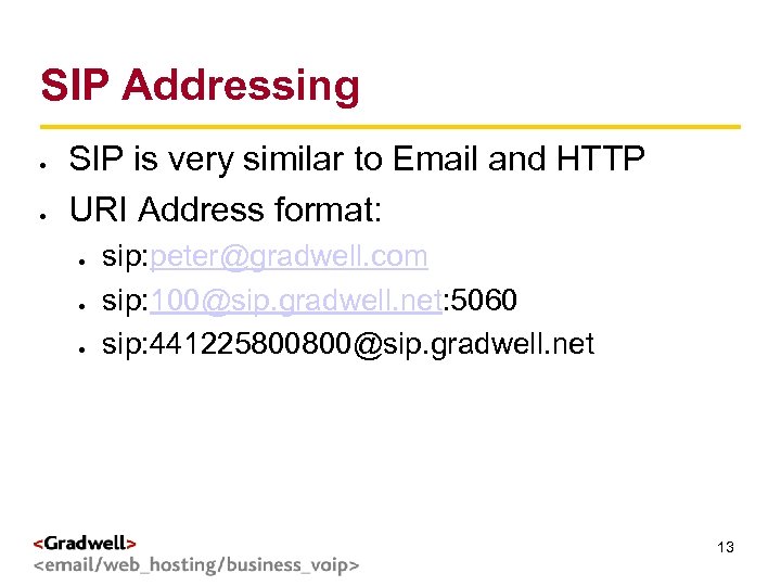 SIP Addressing g < > SIP is very similar to Email and HTTP URI
