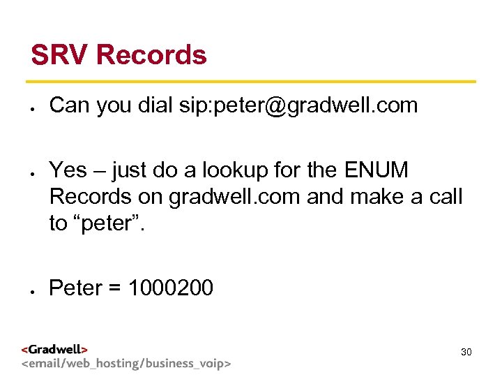SRV Records g < > Can you dial sip: peter@gradwell. com Yes – just