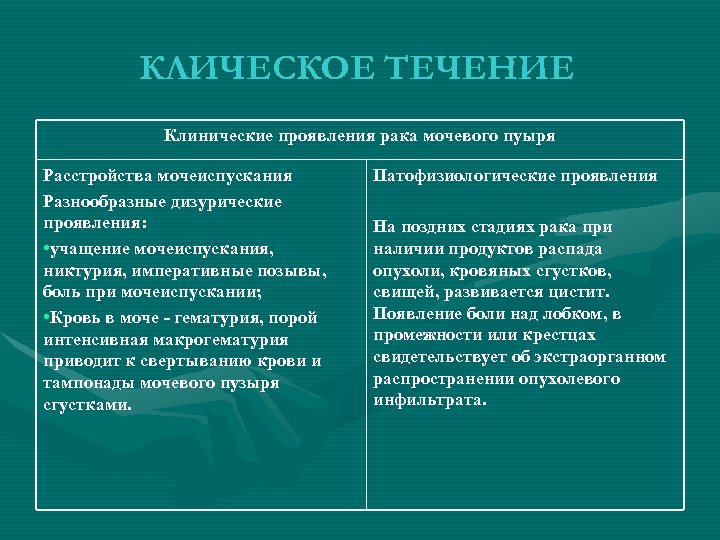 КЛИЧЕСКОЕ ТЕЧЕНИЕ Клинические проявления рака мочевого пуыря Расстройства мочеиспускания Разнообразные дизурические проявления: • учащение
