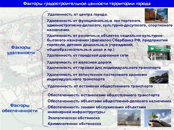 Факторы градостроительной ценности территории города Удаленность от центра города. Факторы удаленности Удаленность от функциональных