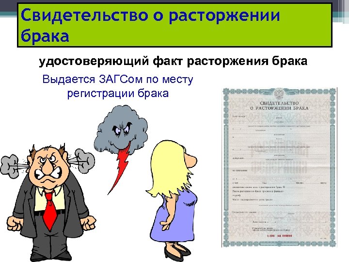 Свидетельство о расторжении брака удостоверяющий факт расторжения брака Выдается ЗАГСом по месту регистрации брака