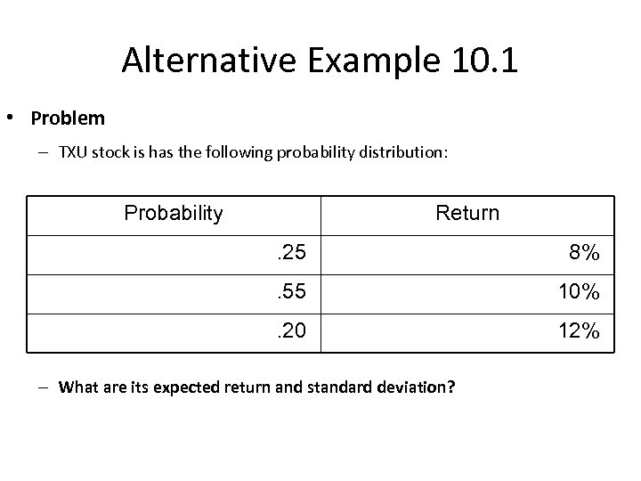 Alternative Example 10. 1 • Problem – TXU stock is has the following probability