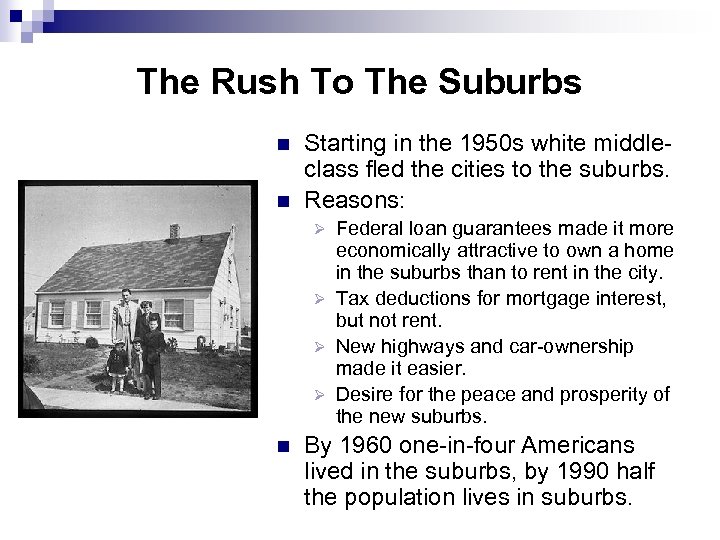 The Rush To The Suburbs n n Starting in the 1950 s white middleclass