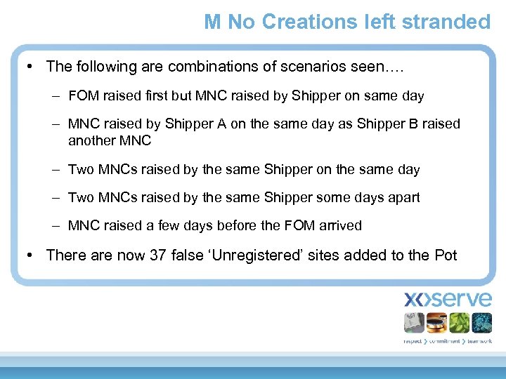 M No Creations left stranded • The following are combinations of scenarios seen…. –