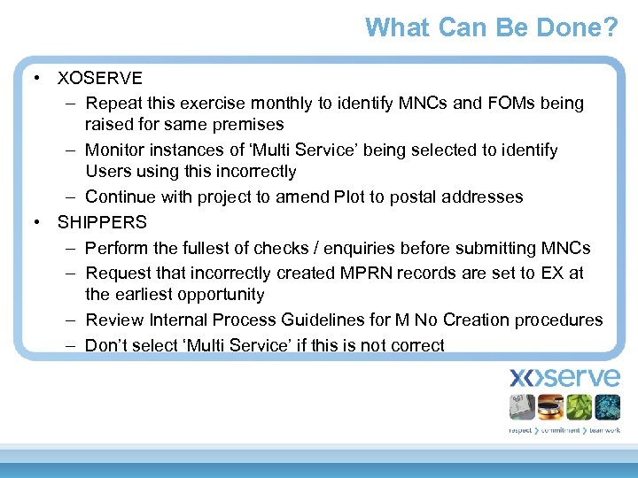 What Can Be Done? • XOSERVE – Repeat this exercise monthly to identify MNCs