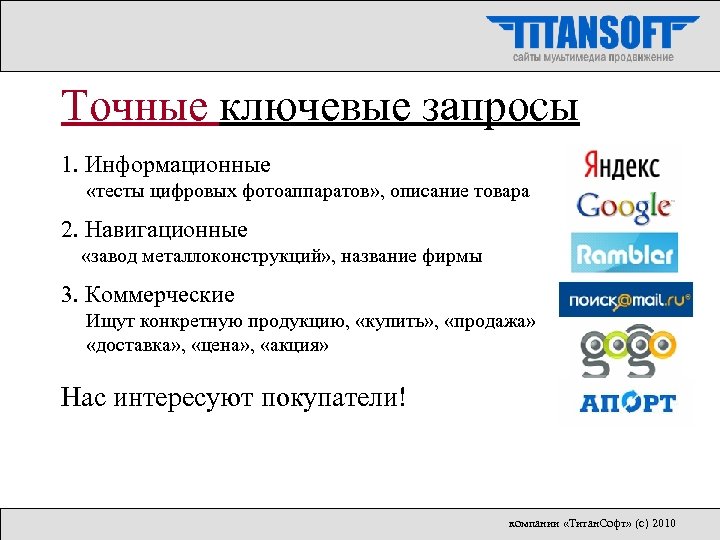 Точные ключевые запросы 1. Информационные «тесты цифровых фотоаппаратов» , описание товара 2. Навигационные «завод