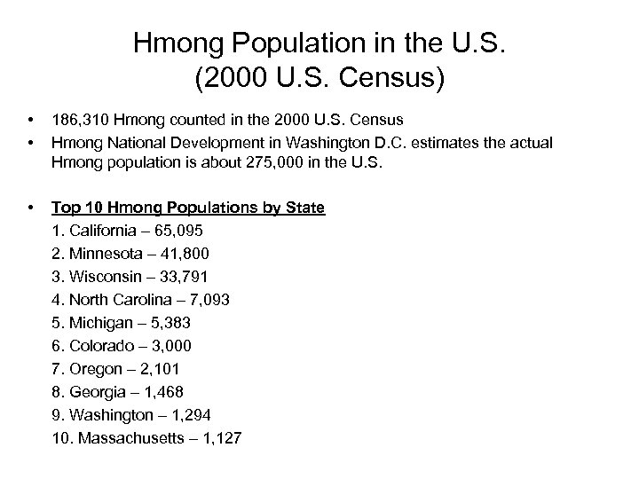 Hmong Population in the U. S. (2000 U. S. Census) • • 186, 310