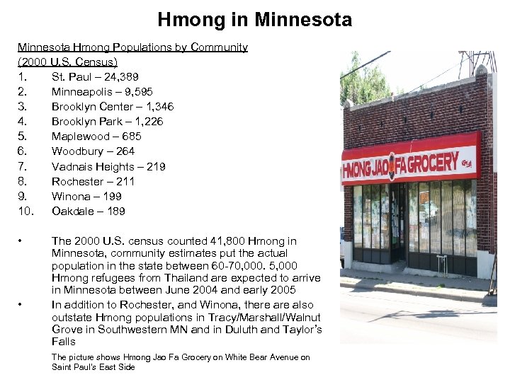 Hmong in Minnesota Hmong Populations by Community (2000 U. S. Census) 1. St. Paul
