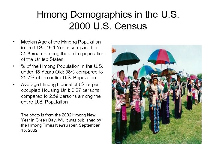 Hmong Demographics in the U. S. 2000 U. S. Census • • • Median