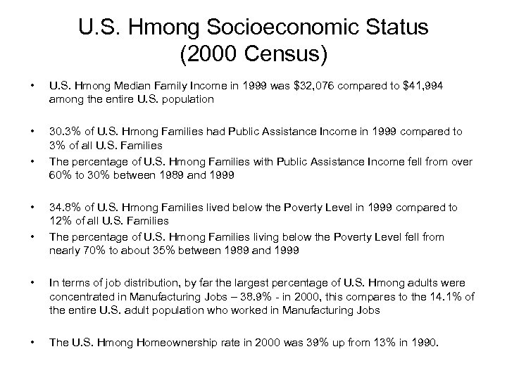 U. S. Hmong Socioeconomic Status (2000 Census) • U. S. Hmong Median Family Income