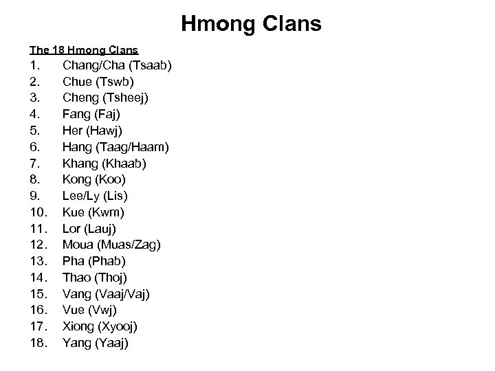 Hmong Clans The 18 Hmong Clans 1. 2. 3. 4. 5. 6. 7. 8.