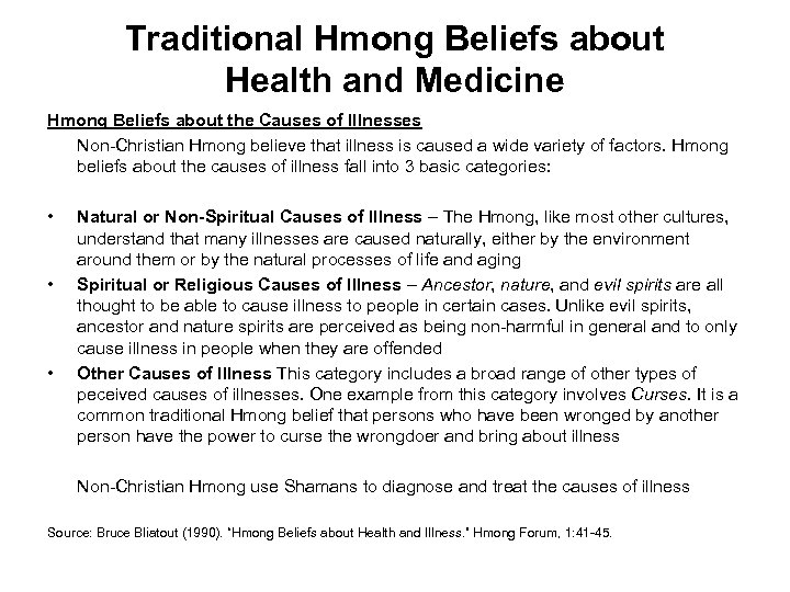 Traditional Hmong Beliefs about Health and Medicine Hmong Beliefs about the Causes of Illnesses