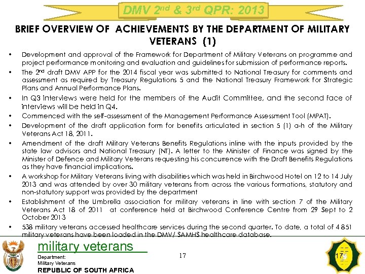 DMV 2 nd & 3 rd QPR: 2013 BRIEF OVERVIEW OF ACHIEVEMENTS BY THE