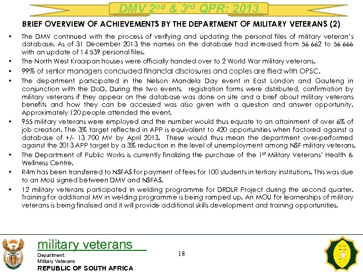 DMV 2 nd & 3 rd QPR: 2013 BRIEF OVERVIEW OF ACHIEVEMENTS BY THE