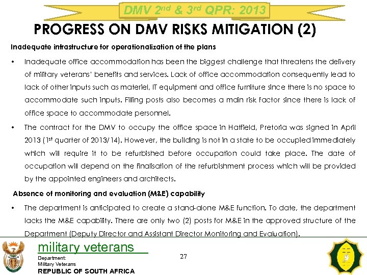 DMV 2 nd & 3 rd QPR: 2013 PROGRESS ON DMV RISKS MITIGATION (2)