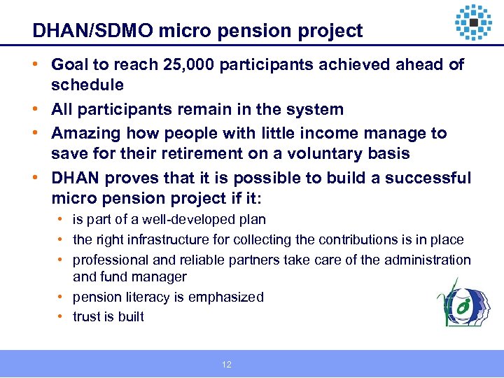 DHAN/SDMO micro pension project • Goal to reach 25, 000 participants achieved ahead of