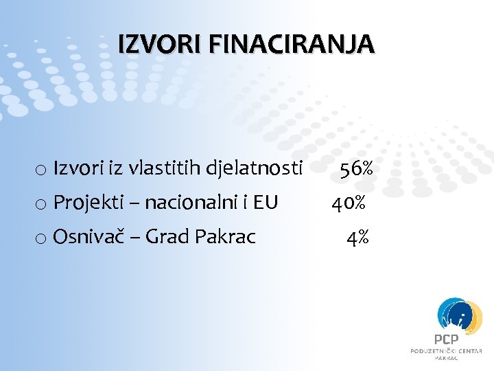 IZVORI FINACIRANJA o Izvori iz vlastitih djelatnosti o Projekti – nacionalni i EU o