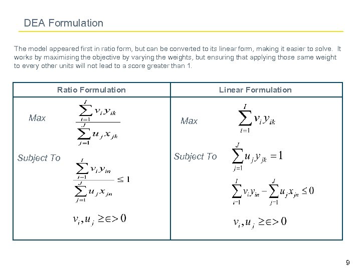 DEA Formulation The model appeared first in ratio form, but can be converted to