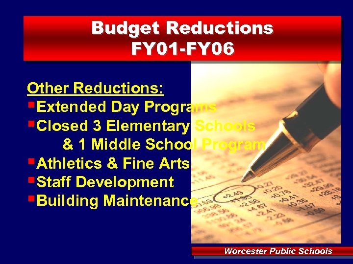 Budget Reductions FY 01 -FY 06 Other Reductions: §Extended Day Programs §Closed 3 Elementary