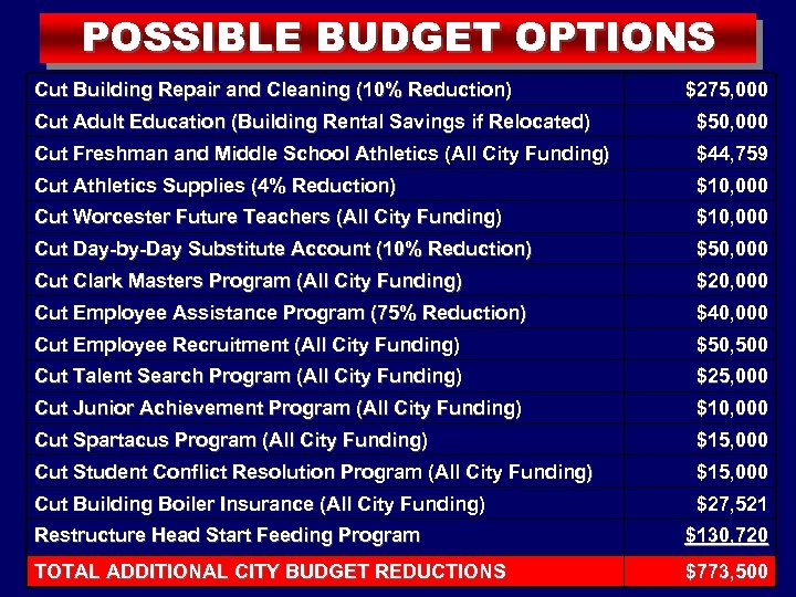 POSSIBLE BUDGET OPTIONS Cut Building Repair and Cleaning (10% Reduction) $275, 000 Cut Adult