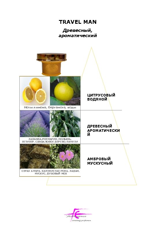 TRAVEL MAN Древесный, ароматический ЦИТРУСОВЫЙ ВОДЯНОЙ Ноты лимона, бергамота, воды ДРЕВЕСНЫЙ АРОМАТИЧЕСКИ Й ЛАВАНДА,