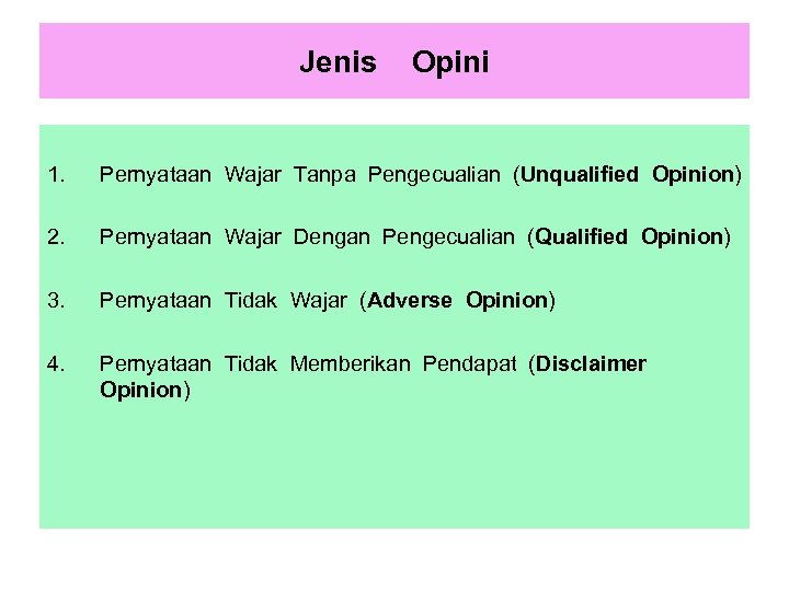 Jenis Opini 1. Pernyataan Wajar Tanpa Pengecualian (Unqualified Opinion) 2. Pernyataan Wajar Dengan Pengecualian