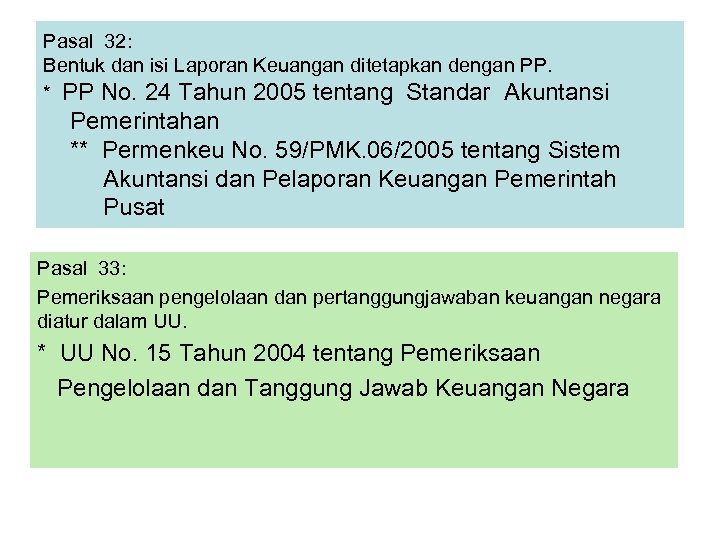 Pasal 32: Bentuk dan isi Laporan Keuangan ditetapkan dengan PP. * PP No. 24