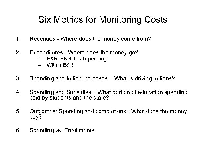 Six Metrics for Monitoring Costs 1. Revenues - Where does the money come from?