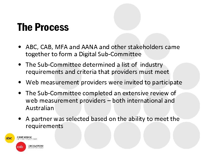 The Process • ABC, CAB, MFA and AANA and other stakeholders came together to