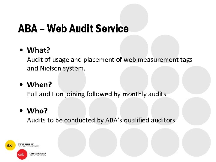 ABA – Web Audit Service • What? Audit of usage and placement of web