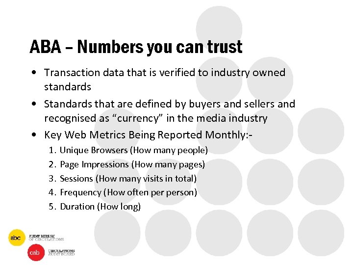 ABA – Numbers you can trust • Transaction data that is verified to industry