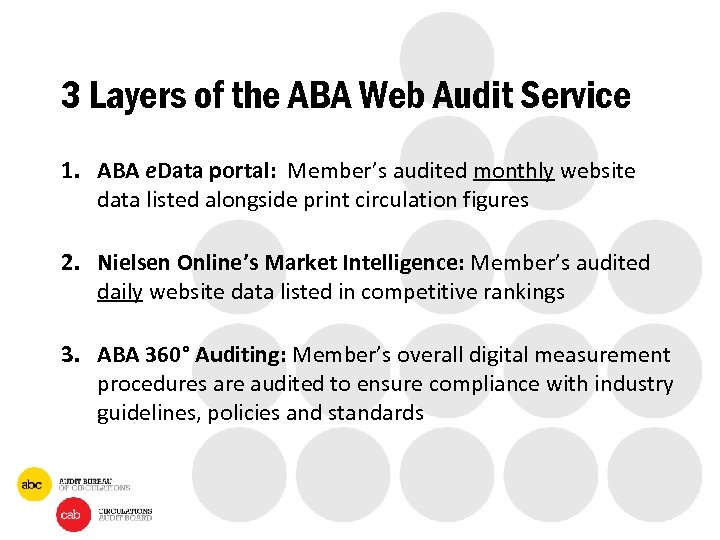 3 Layers of the ABA Web Audit Service 1. ABA e. Data portal: Member’s