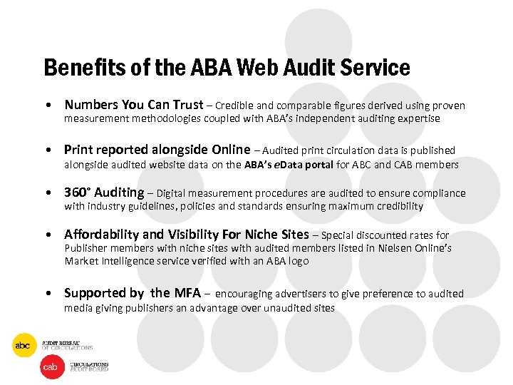 Benefits of the ABA Web Audit Service • Numbers You Can Trust – Credible