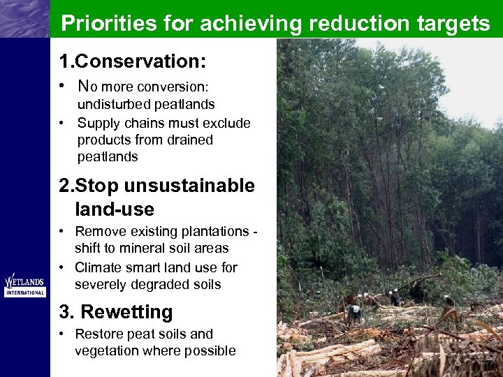 Priorities for achieving reduction targets 1. Conservation: • No more conversion: undisturbed peatlands •