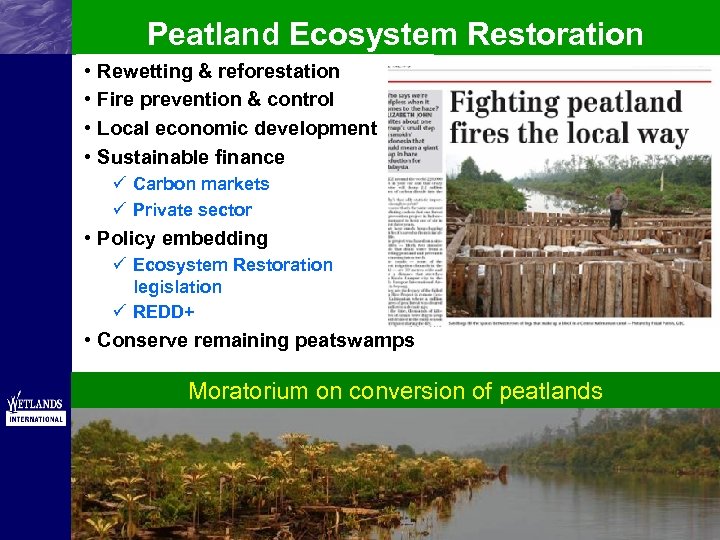 Peatland Ecosystem Restoration • • Rewetting & reforestation Fire prevention & control Local economic