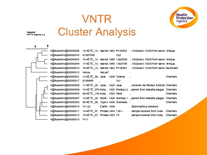 VNTR Cluster Analysis Categorical 100 50 VNTR largest x-y K@lisademo@00000006 18 -NCTC_10. Nairobi. 1963