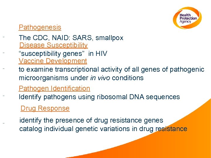  Pathogenesis The CDC, NAID: SARS, smallpox Disease Susceptibility “susceptibility genes” in HIV Vaccine