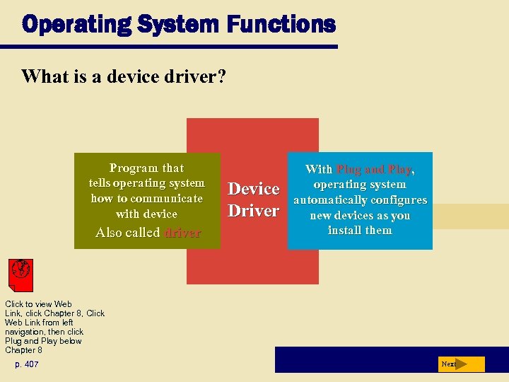 Operating System Functions What is a device driver? Program that tells operating system how