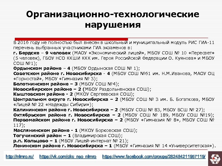 Организационно-технологические нарушения В 2016 году не полностью был внесен в школьный и муниципальный модуль