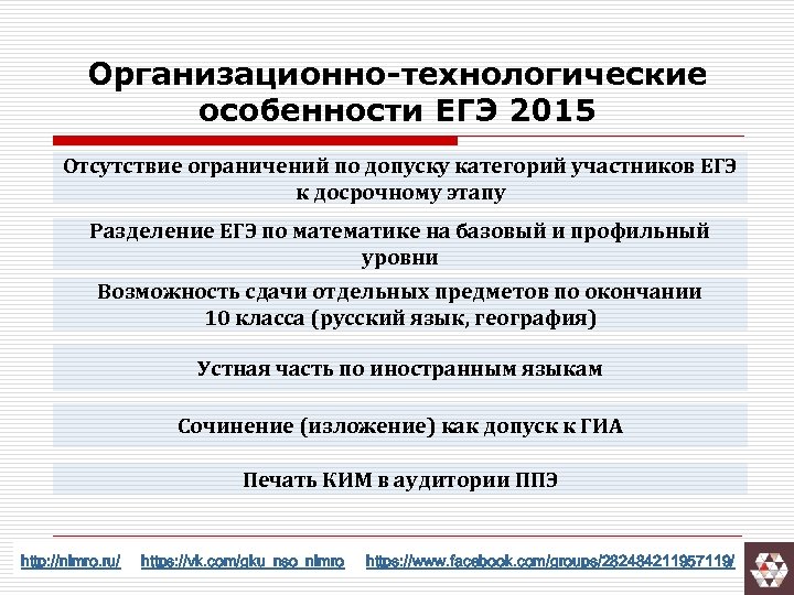 Организационно-технологические особенности ЕГЭ 2015 Отсутствие ограничений по допуску категорий участников ЕГЭ к досрочному этапу