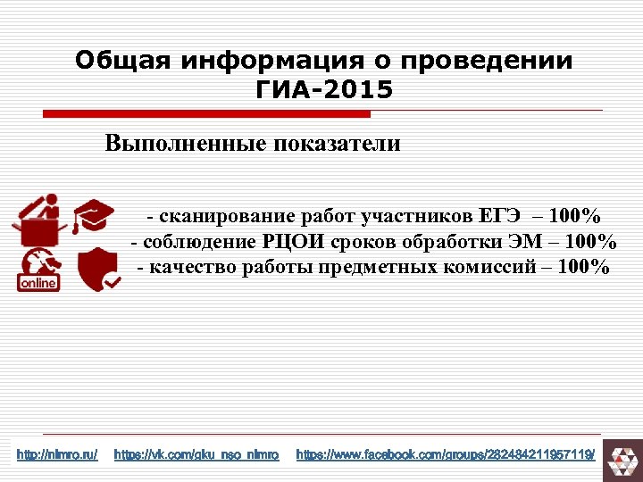 Общая информация о проведении ГИА-2015 Выполненные показатели - сканирование работ участников ЕГЭ – 100%
